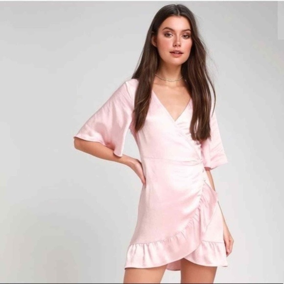 Lulus Pink Satin Wrap Mini Dress - Size M - Picture 1 of 8